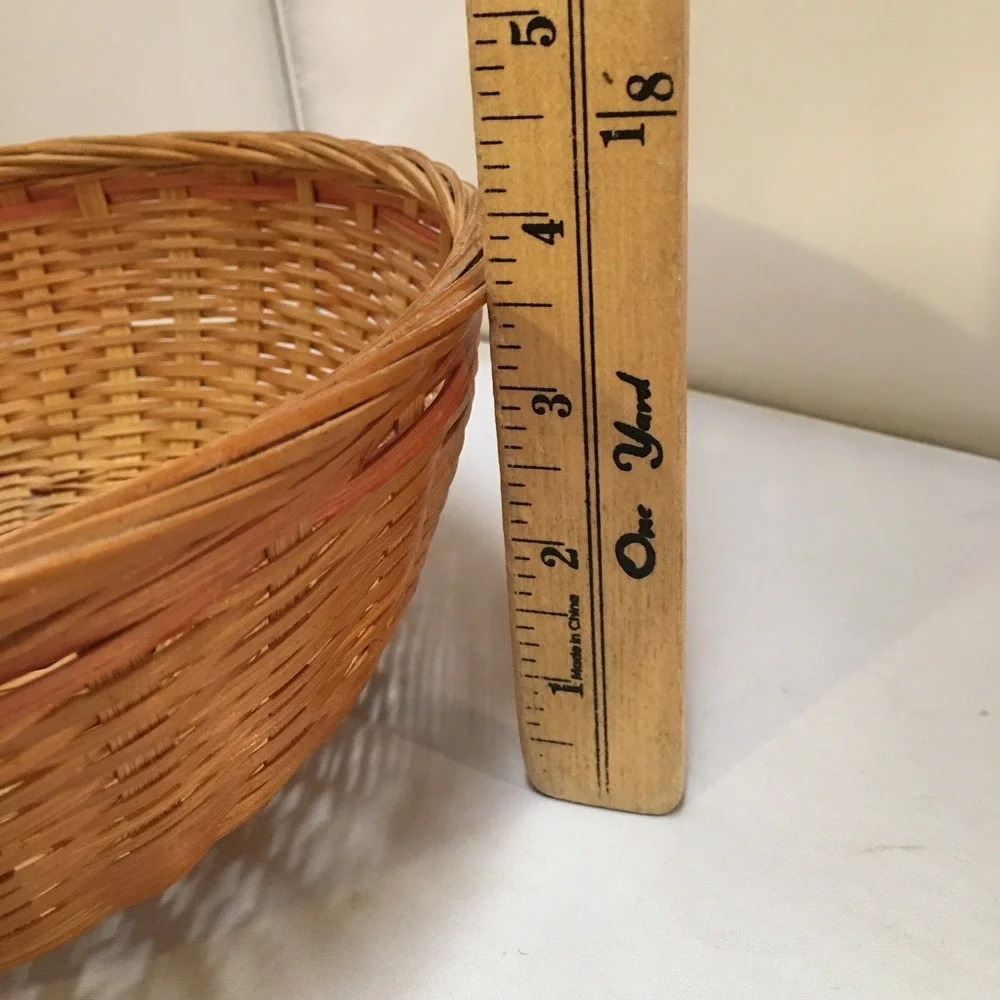 Round Wicker Basket Unisex 9 Inch Tan Woven Decorative Storage Bowl Cottagecore